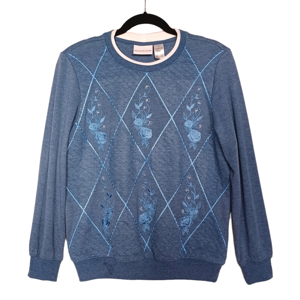 ALFRED DUNNER Blue Floral Diamond Rhinestone Print Crewneck Quilt Sweater S